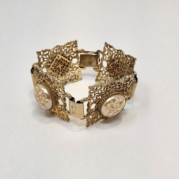 Filigree Gold Tone Panel Link Bracelet Faux Pearl Chunky Ornate Statement Retro - Picture 4 of 6